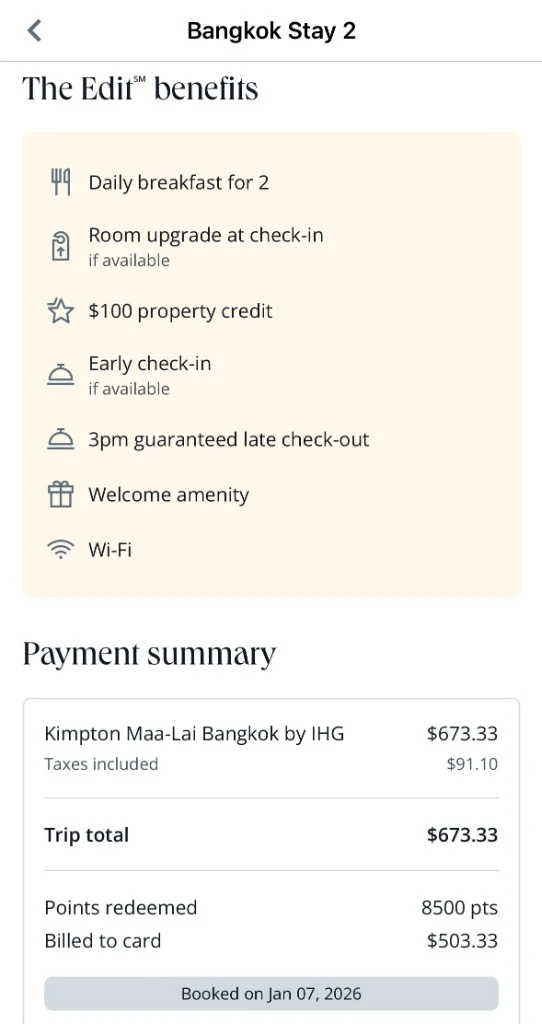 Chase The Edit 訂房帳單：總額 $673.33，透過點數與信用卡折抵後實付 $3.33